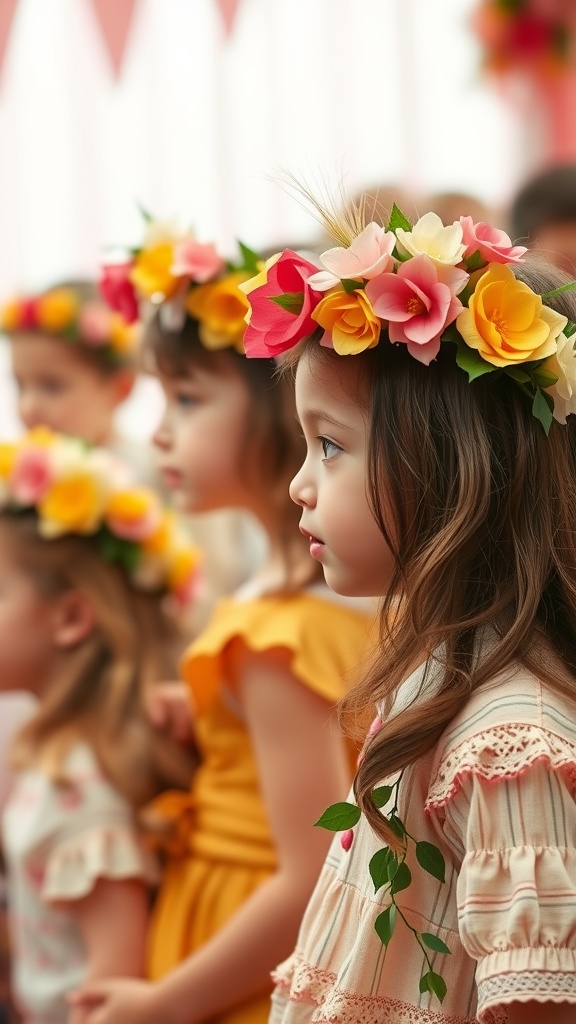 Children wearing colorful flower crowns during a spring event.