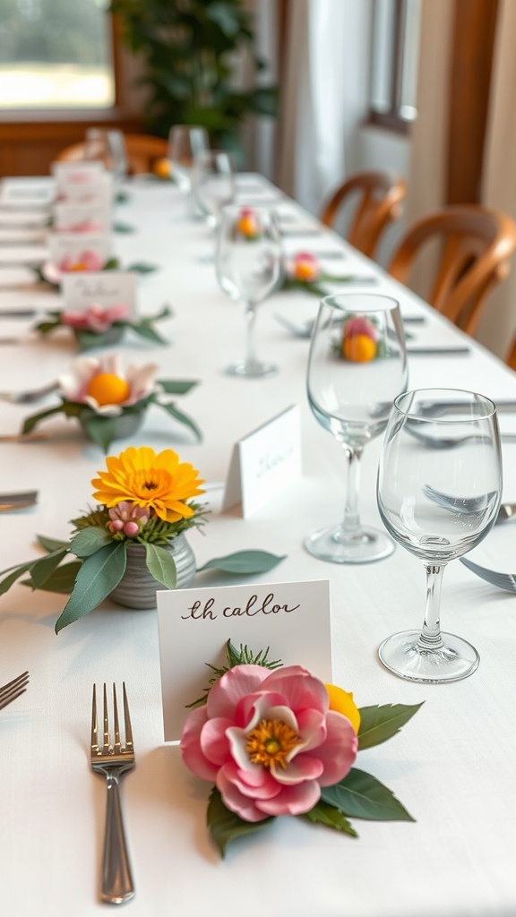 A beautifully set table with flower place cards and elegant glassware.