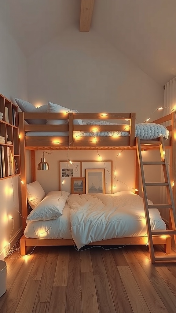 A cozy loft bed with fairy lights, wooden structure, and soft bedding