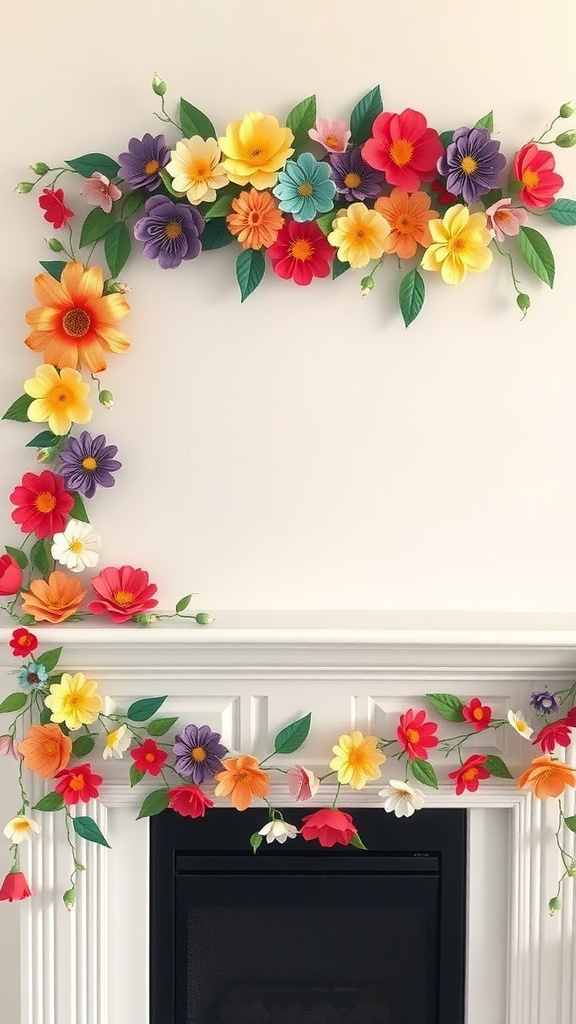 Colorful DIY paper flower garland adorning a white mantle