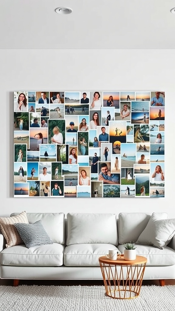 A living room featuring a large DIY photo collage on canvas above a white sofa, with decorative pillows and a wooden coffee table.