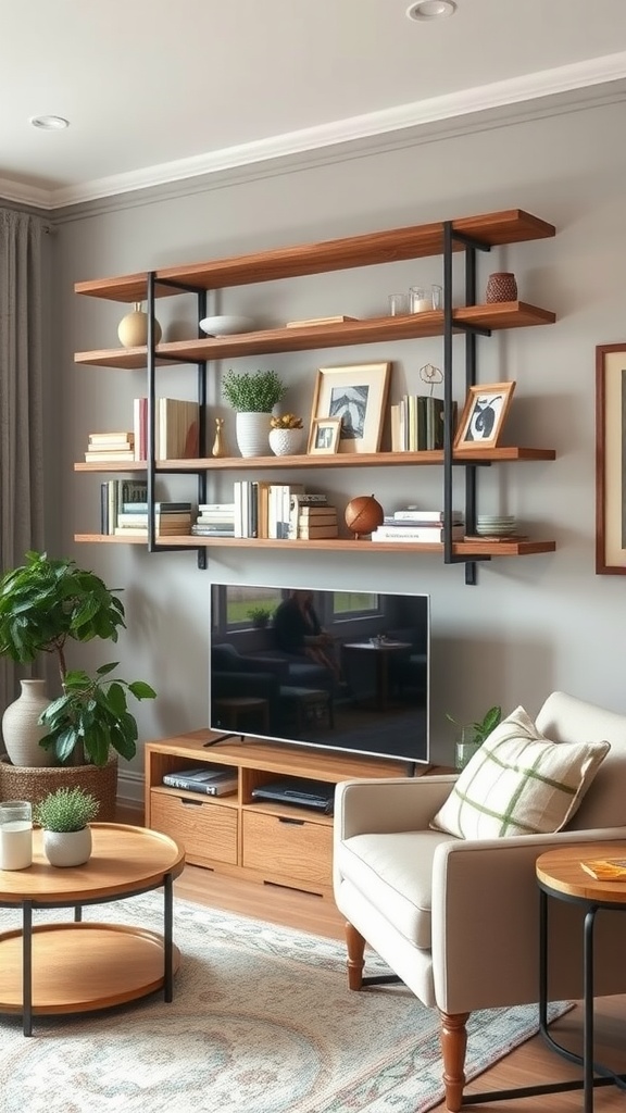 A modern living room with a wooden and metal shelving unit displaying books, plants, and decorative items.