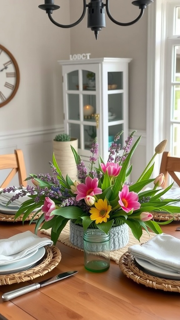 A beautiful spring centerpiece with pink tulips, daisies, and lavender arranged in a decorative container on a wooden dining table.