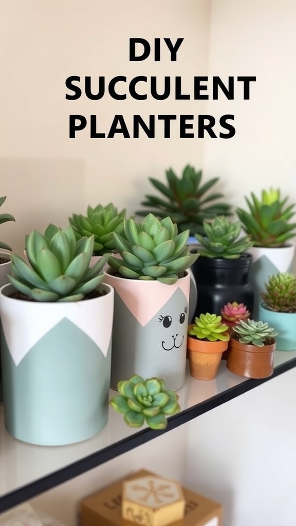 Image of various DIY succulent planters on a shelf.