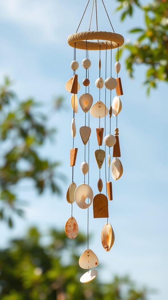 A beautiful wind chime made from natural elements like wood and seashells, hanging outdoors against a clear blue sky.