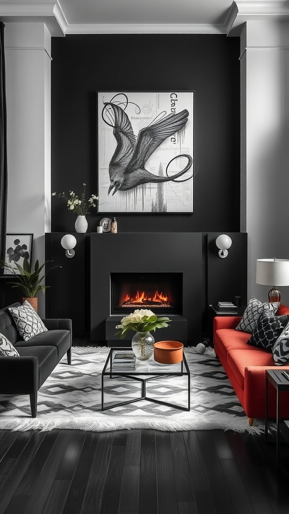 A living room with dramatic black walls, featuring a red sofa, modern artwork, and a cozy fireplace.