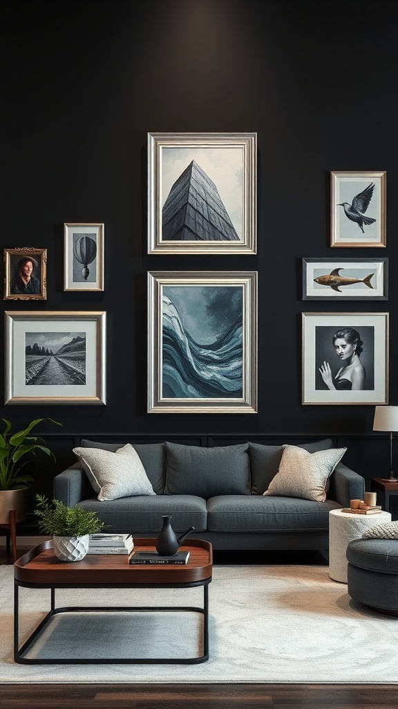 Living room with black accent wall and various framed artworks.