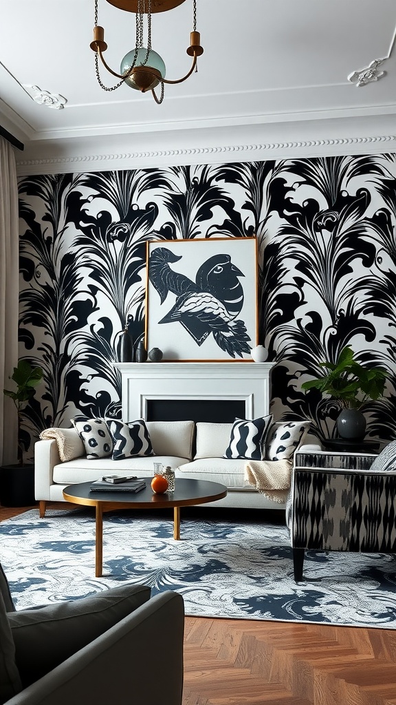 A stylish living room featuring dramatic black and white wallpaper with intricate patterns, complemented by a light sofa and patterned cushions.