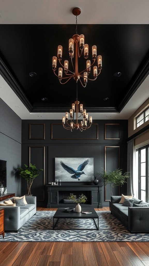 Living room with a dramatic black ceiling and elegant light fixtures, featuring gray sofas, dark wood accents, and artwork.