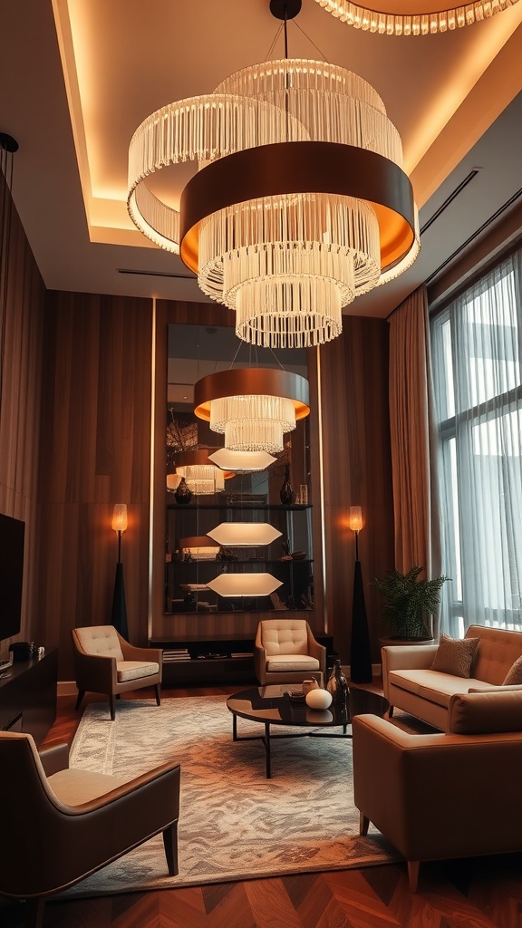 A stylish living room featuring dramatic brown and white lighting fixtures, including elegant chandeliers and floor lamps, complemented by warm wood tones and soft fabrics.