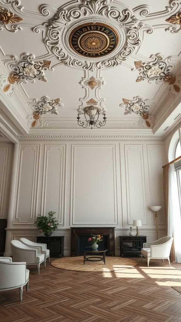 Formal living room with an ornate ceiling design and elegant furnishings