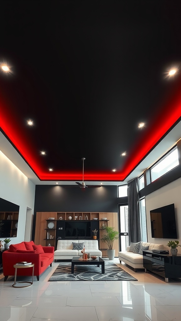 A stylish living room with a dramatic black ceiling and red LED lights, featuring red and white furniture.