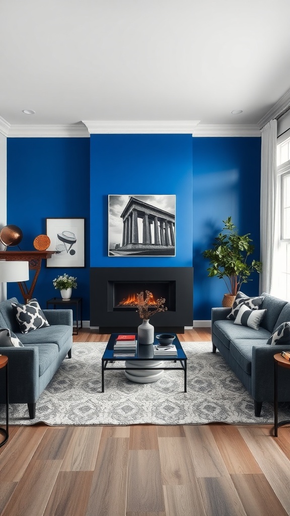 Living room with cobalt blue accent wall, gray furniture, and black and white decor.