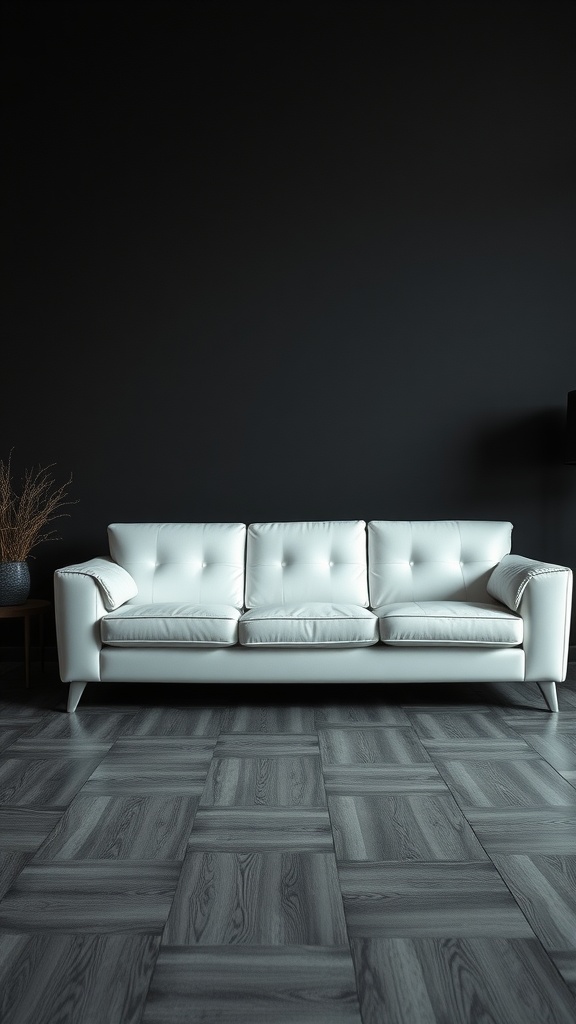 White leather sofa in a living room with dark walls and gray wooden flooring.