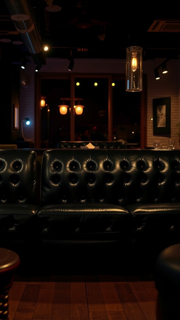 Black leather couch with dramatic lighting in a cozy setting