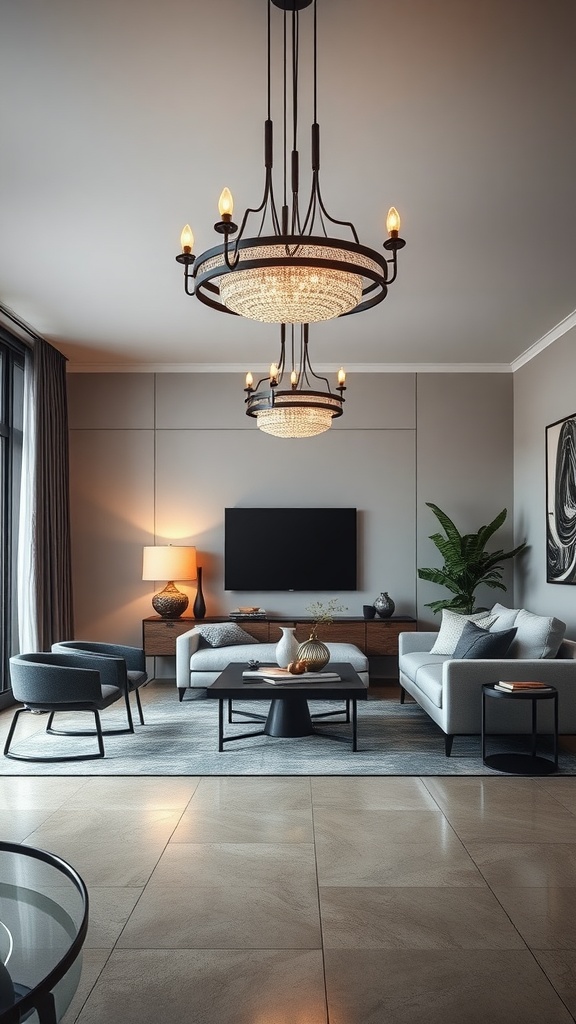 A modern living room featuring dramatic chandeliers that illuminate the space, with plush seating and stylish decor.