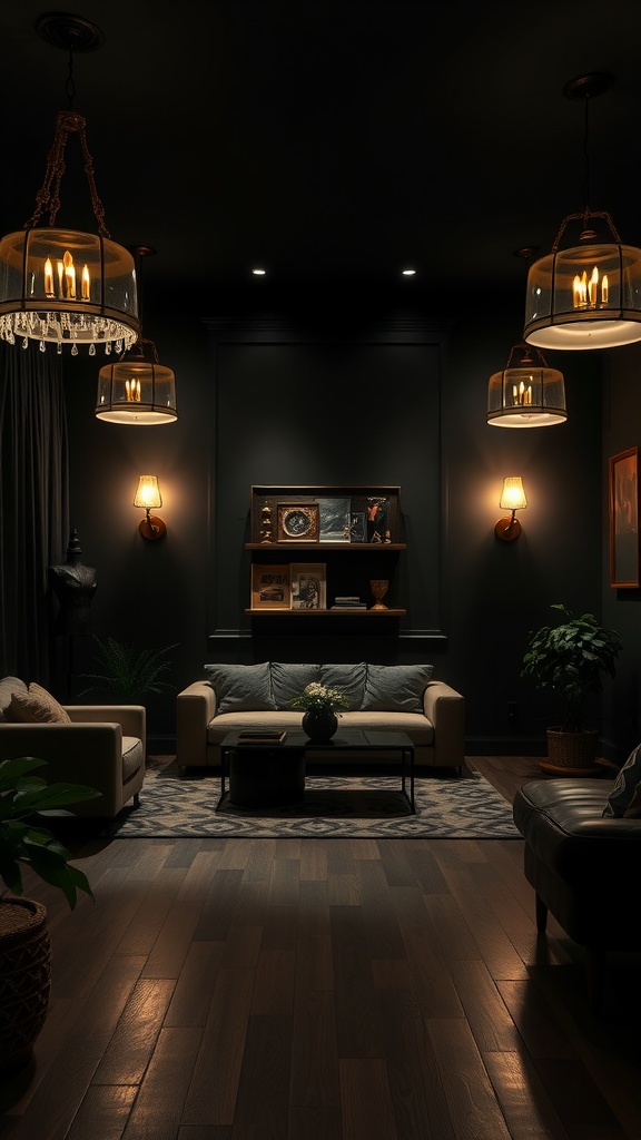 A black living room featuring dramatic lighting with chandeliers and wall sconces.