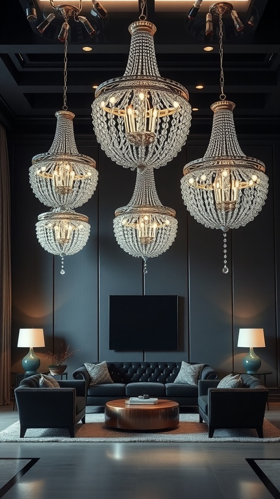 A stylish black and silver living room featuring elegant chandeliers, dark furniture, and a cozy atmosphere.