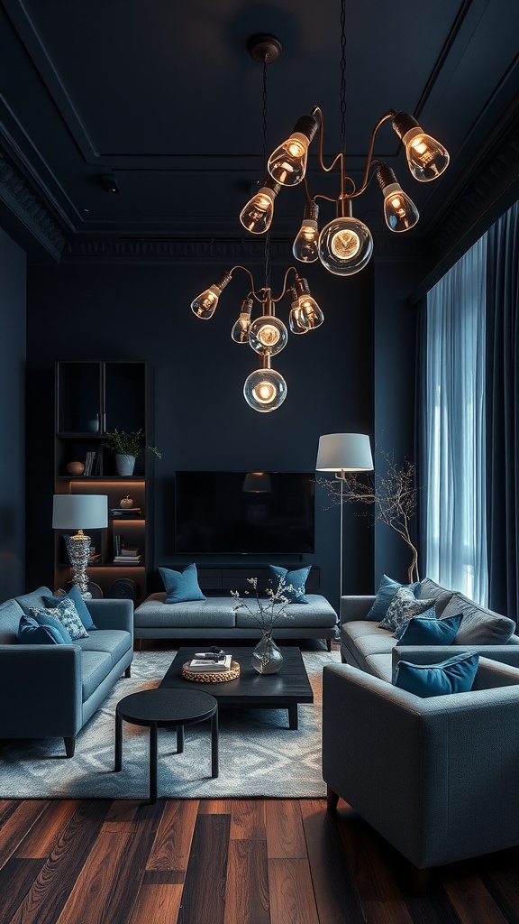 Modern living room featuring blue and gray accents with a dramatic chandelier