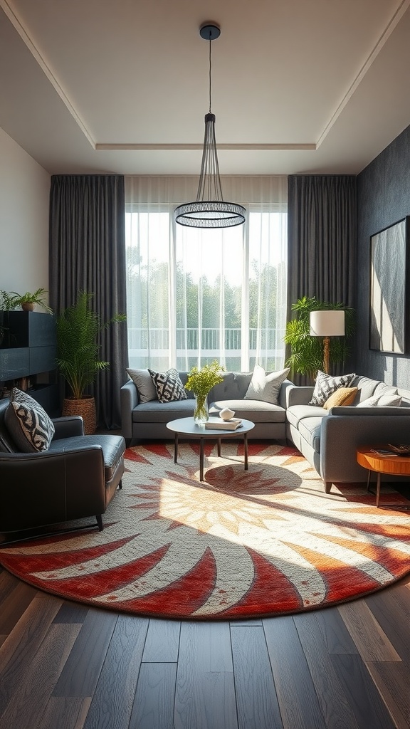 A living room with a round rug featuring a bold design, complemented by comfortable seating and natural light.