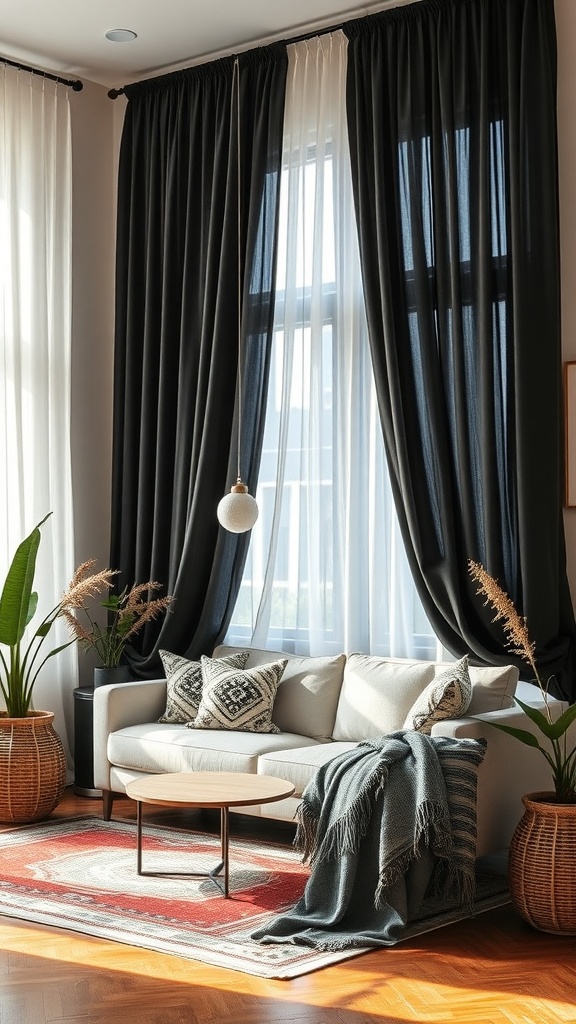 A stylish boho living room with dramatic black and white window treatments, a light sofa, and decorative plants.