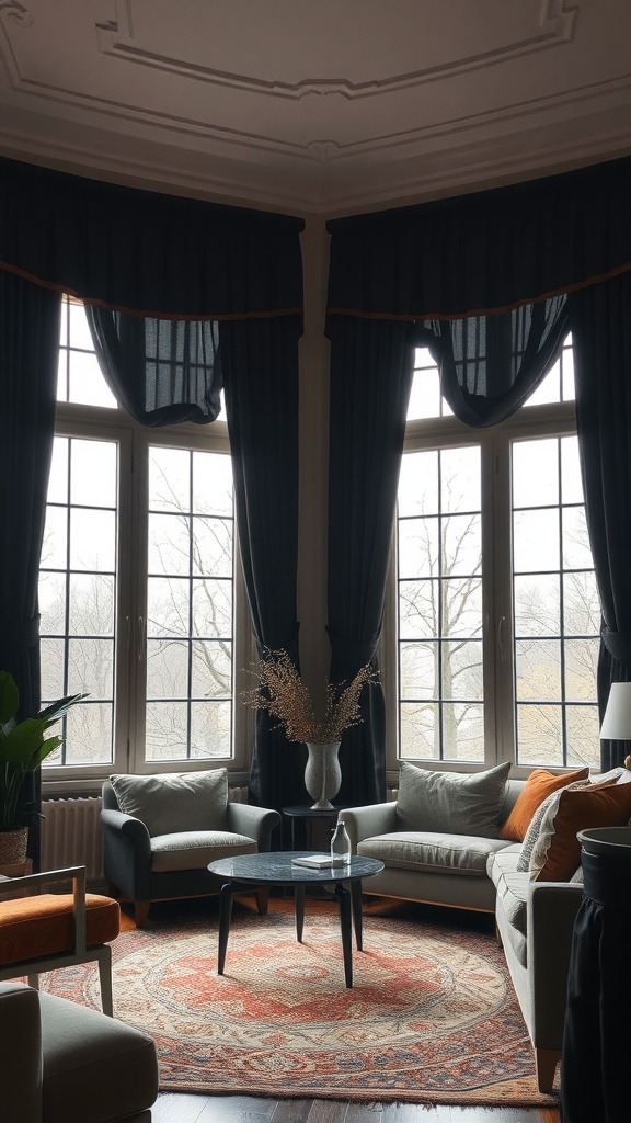 A cozy living room featuring large windows dressed with dramatic dark curtains, a circular coffee table, and plush seating arrangements.