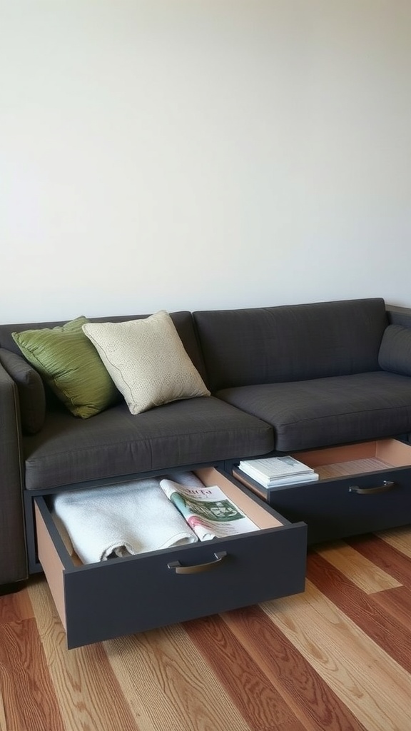 A modern sofa with storage drawers underneath, showcasing rolled blankets and magazines.