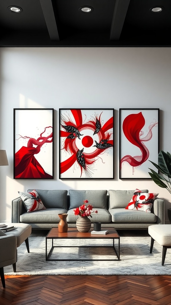 A stylish living room featuring dynamic red and black artwork above a modern gray sofa.