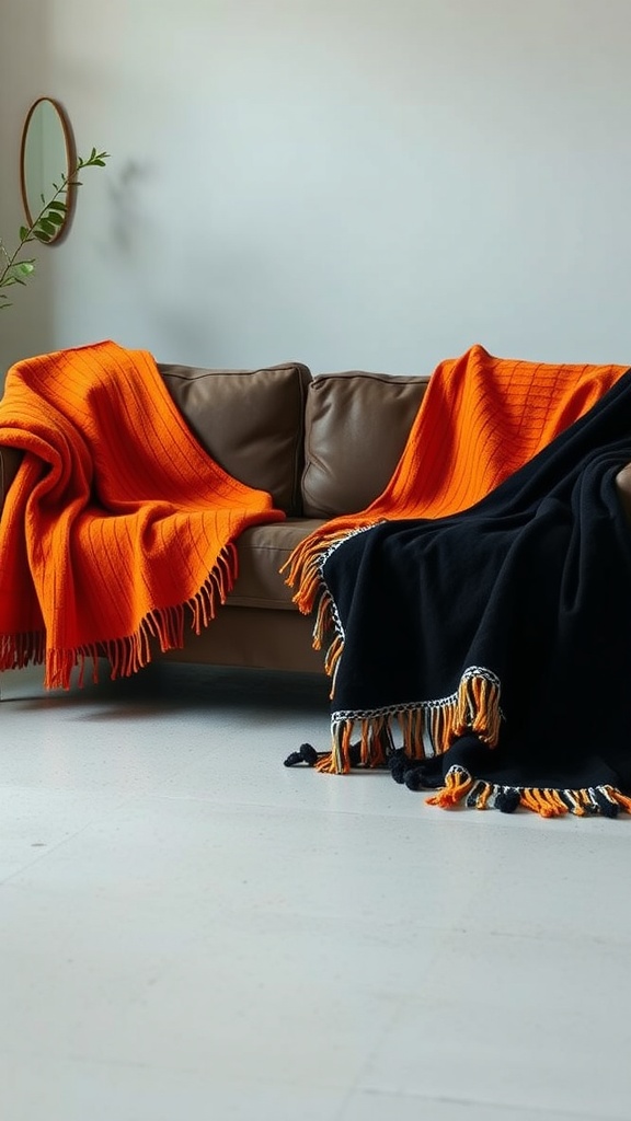 A cozy living room setup featuring vibrant orange and black throw blankets on a brown couch.