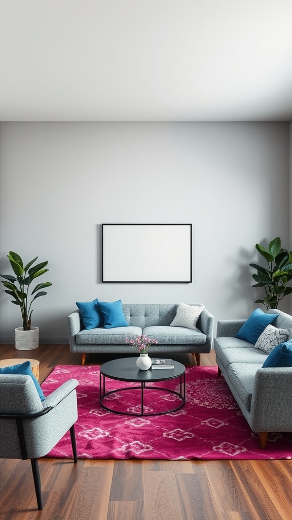 A gray living room featuring blue cushions, a pink rug, and green plants.