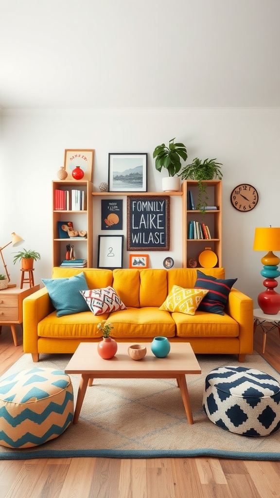 A dynamic family room featuring a mustard yellow sofa with colorful pillows, playful poufs, and cheerful decor.