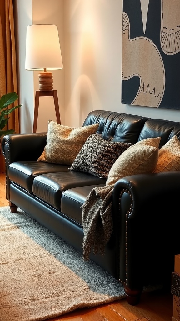 A cozy living room featuring a black leather couch with various throw pillows, a stylish lamp, a plush area rug, and abstract wall art.