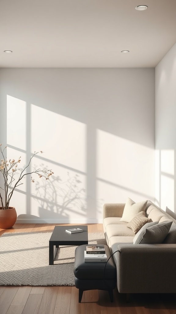 Bright living room with white accent wall, cozy sofa, and natural light playing through windows.