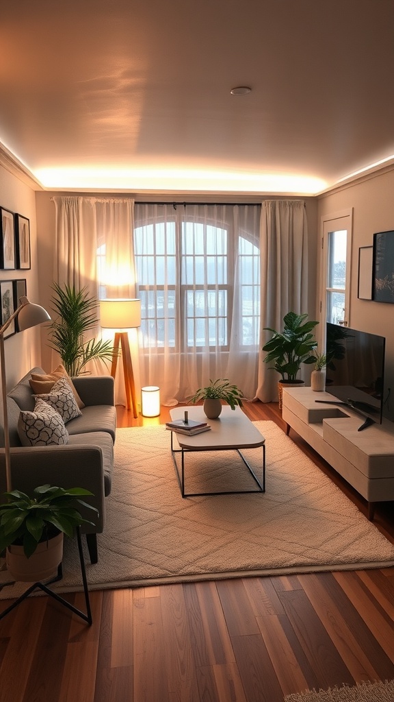 Cozy mobile home living room with various lighting options including natural light, ceiling lights, and a floor lamp.