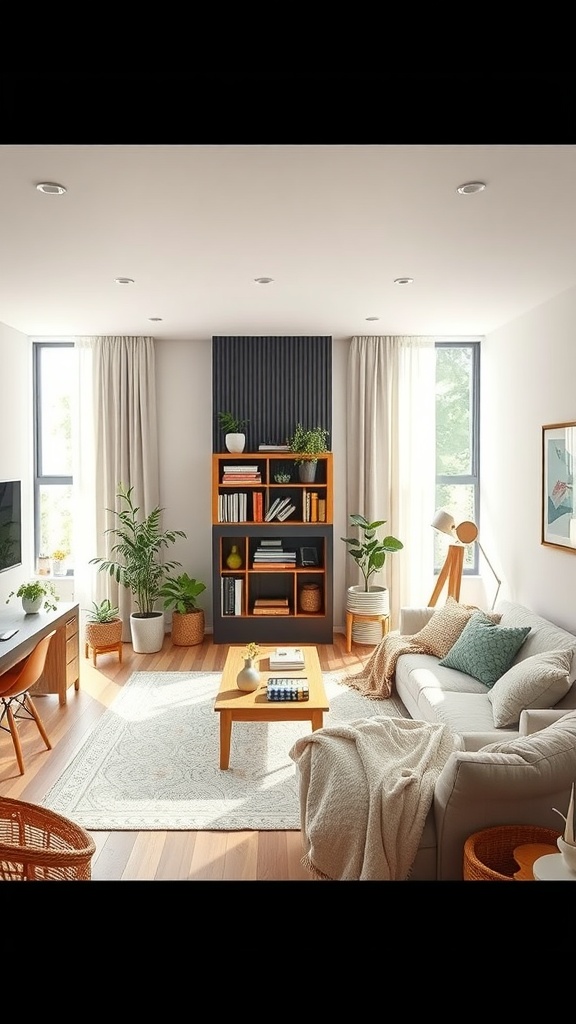 A cozy living room featuring a sofa, coffee table, shelving unit, and plants, creating a dynamic multi-functional space.