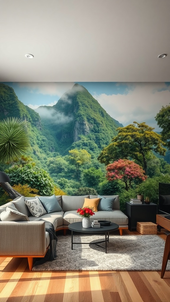 Living room with nature-themed wallpaper featuring mountains and lush greenery.