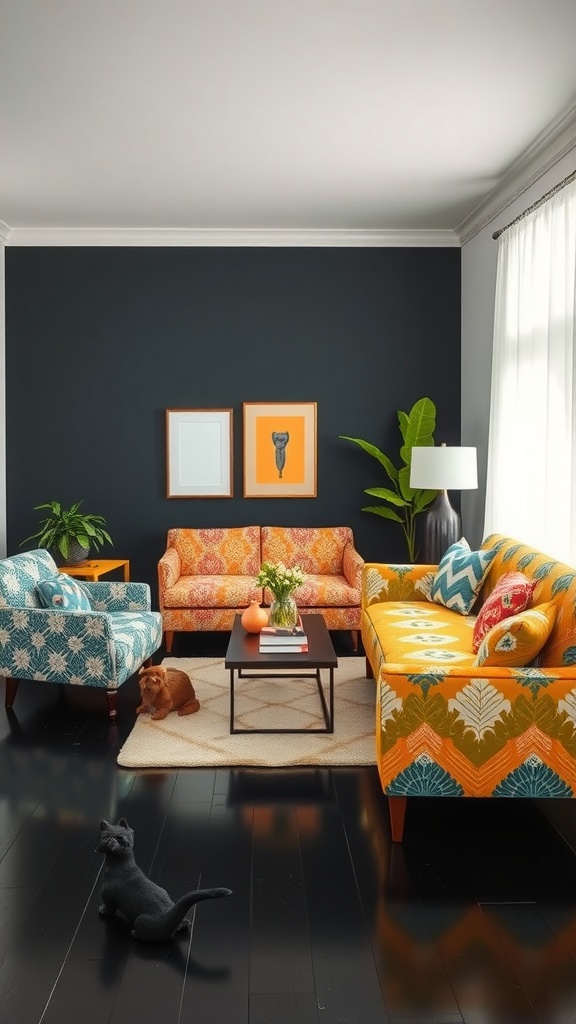 A colorful living room featuring patterned sofas, a dark wall, and a black floor.