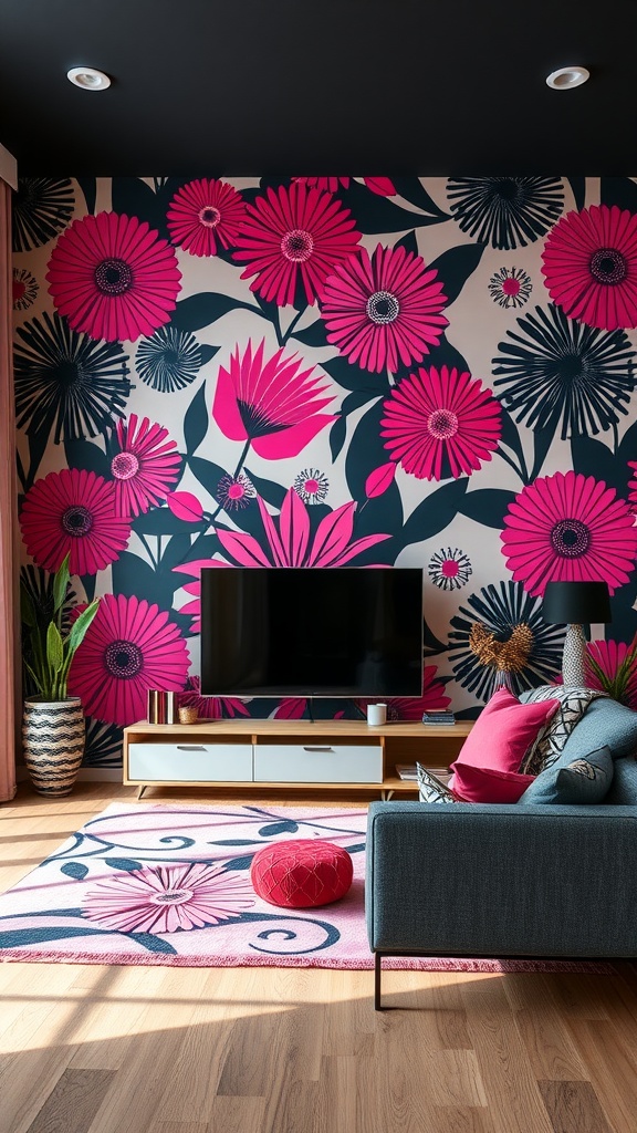 Living room featuring dynamic pink and black floral wallpaper, a blue sofa, pink cushions, and a stylish rug.