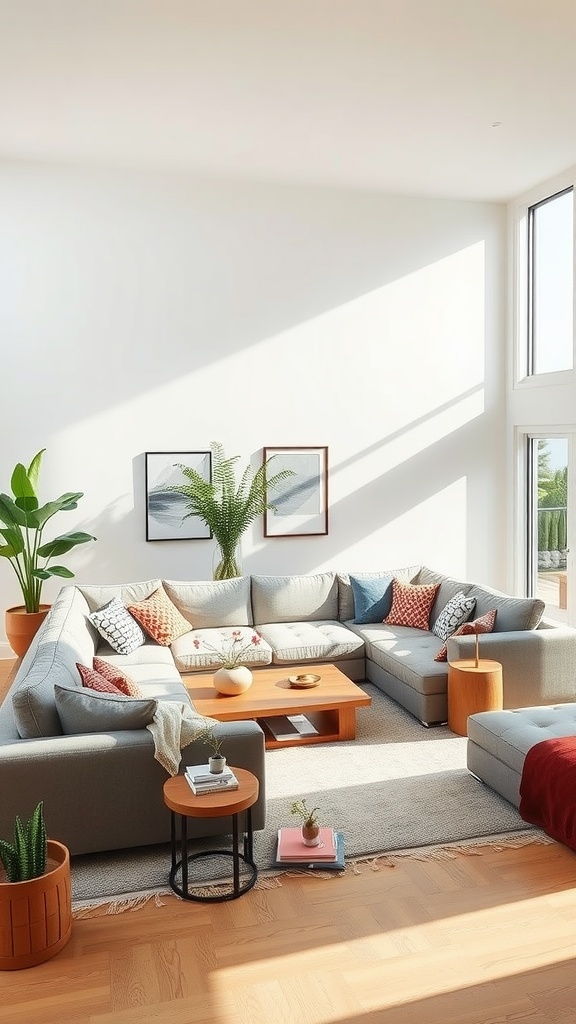 A spacious modern living room featuring a dynamic sectional sofa with colorful pillows, a wooden coffee table, and plants.