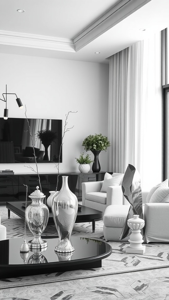 A stylish living room featuring silver decor elements, black furniture, and white seating, highlighted by potted plants.