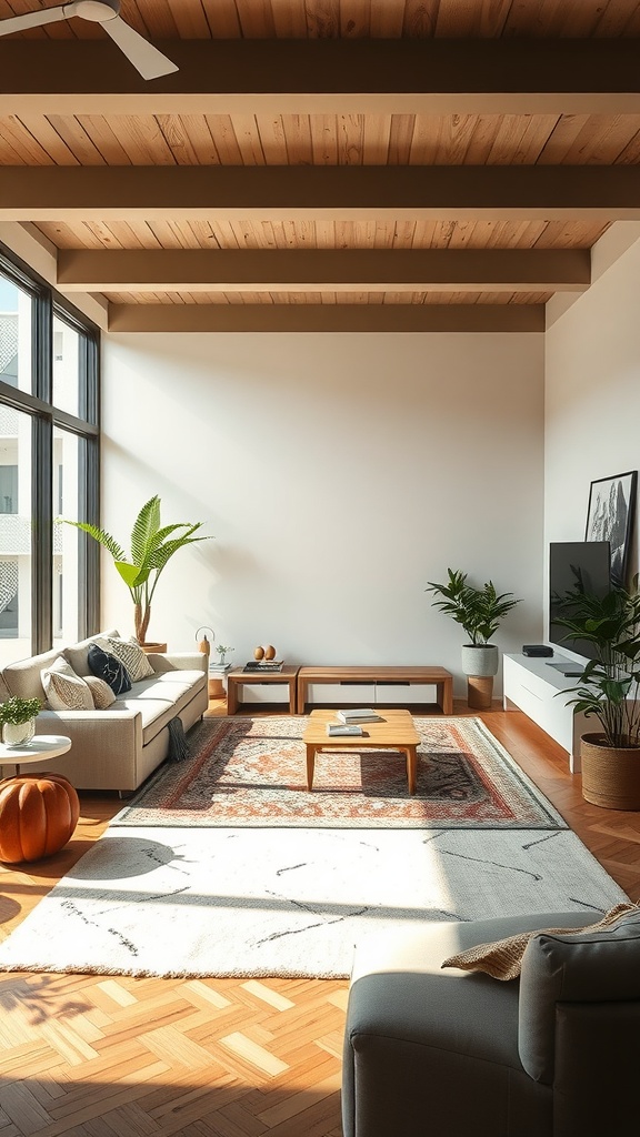 A modern living room with wooden beams, large windows, a cozy sofa, coffee table, and decorative plants