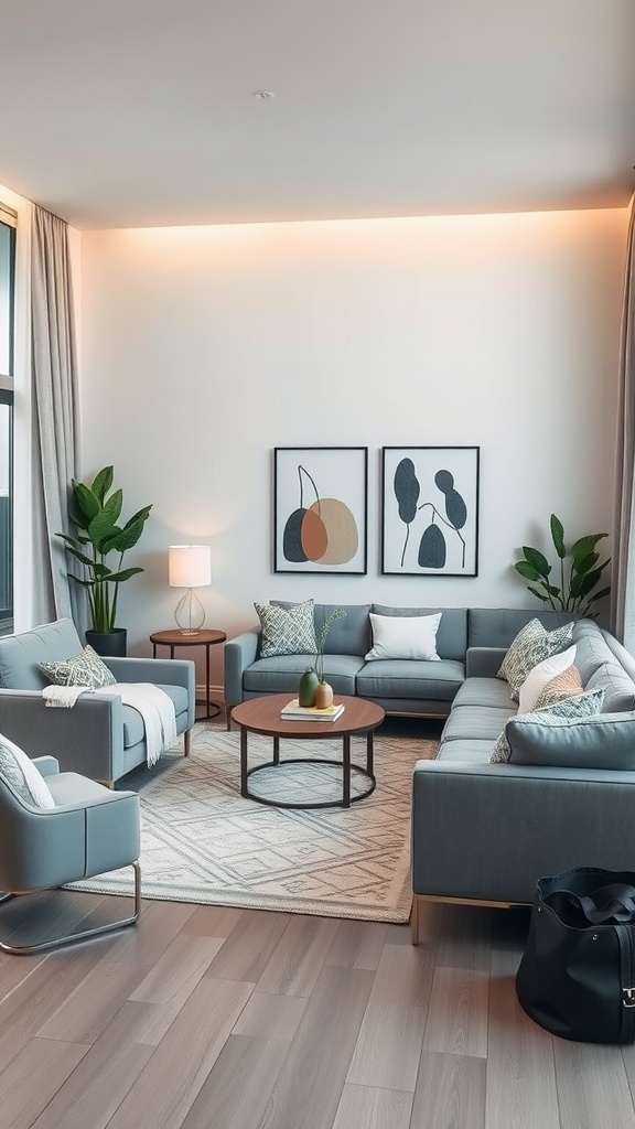 A stylish grey and white living room featuring a sectional sofa, coffee table, and plants, with modern artwork on the walls.