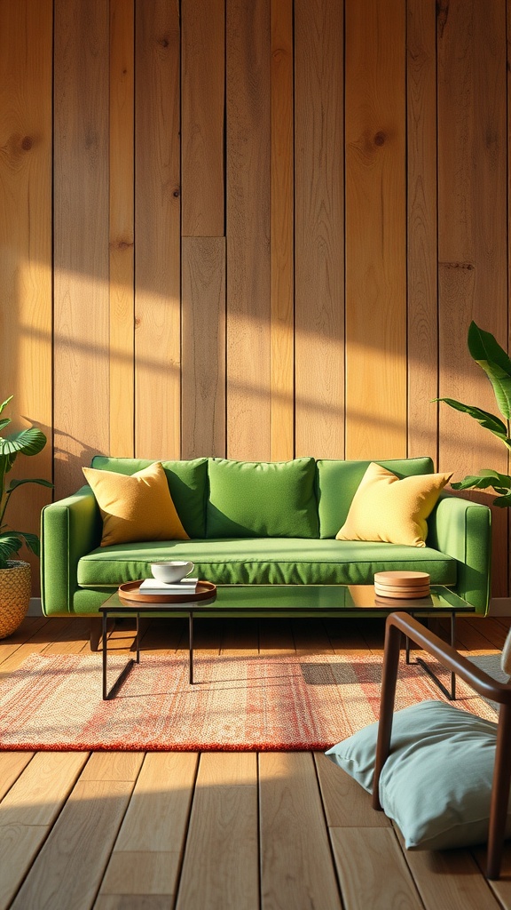 A cozy living room featuring a green sofa with yellow cushions, a wooden wall, a coffee table with a tray, and plants.