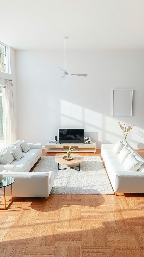 Bright, airy living room with white sofas, wooden flooring, and large windows.