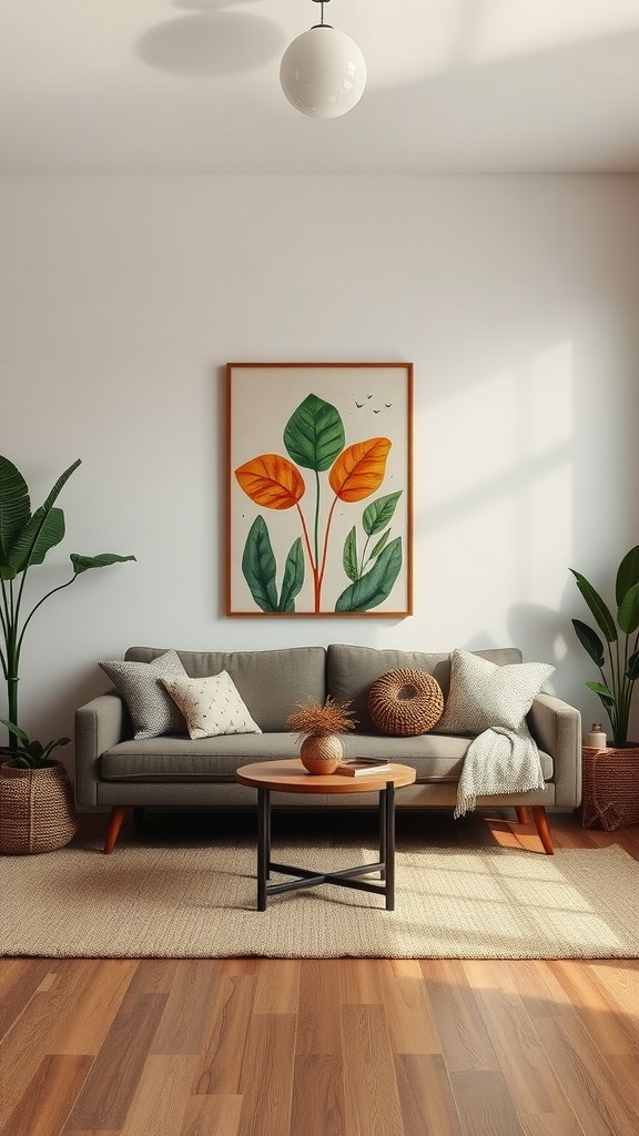 A minimalist bohemian living room featuring earthy artwork and decor with plants, a gray sofa, and a round coffee table.