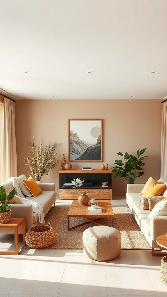 A cozy living room featuring earthy beige walls, light sofas with orange accents, wooden furniture, and green plants.