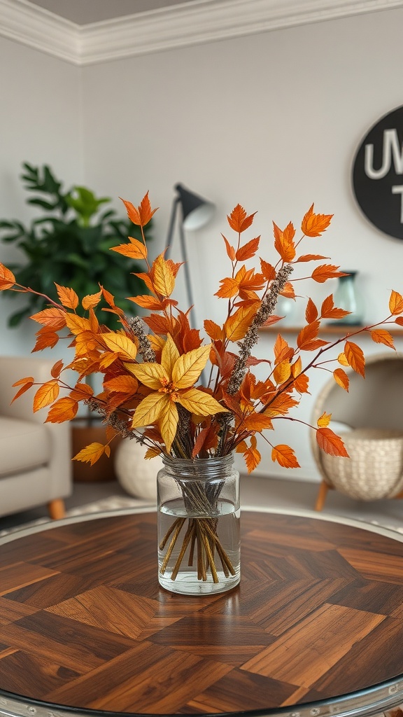 A vase filled with autumn leaves on a wooden table in a cozy living room setting