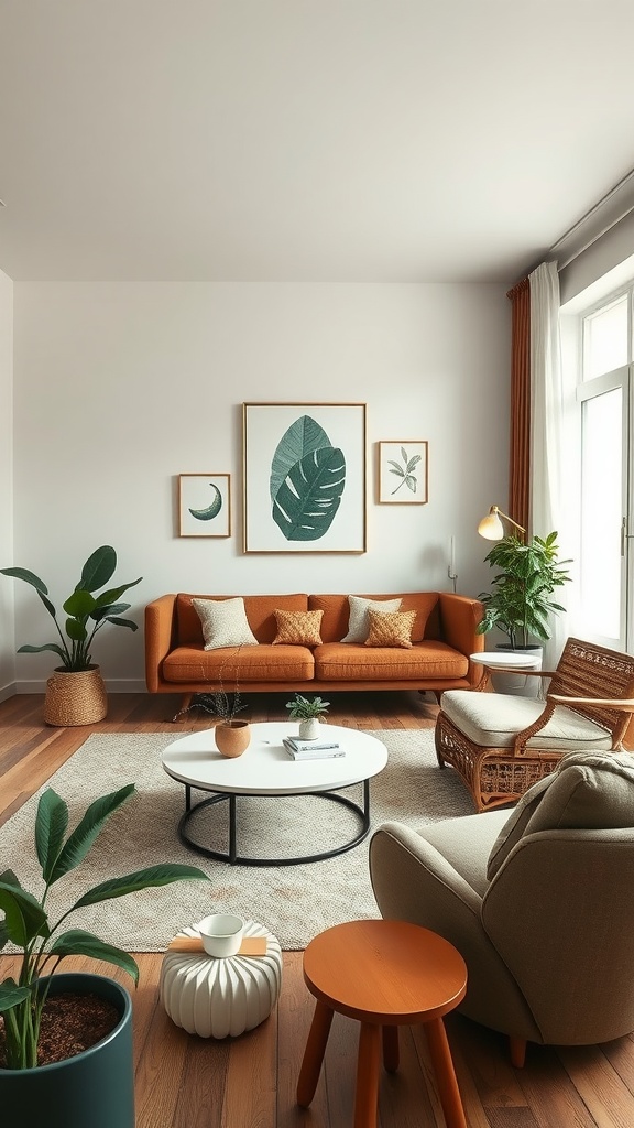 A cozy living room with earthy colors, featuring a rich orange sofa, plants, and nature-themed artwork.