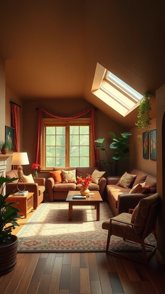 Cozy sunken living room with earthy colors, plants, and natural light