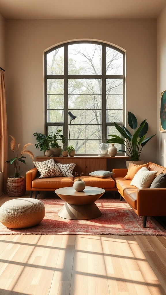 A modern boho living room featuring an earthy color palette with a brown sofa, plants, and natural light.